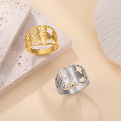 TEAMER Bohemian Hollow Flower Ring Stainless Steel Rhinestone Flower Ring Wedding Band Ring Exquisite Jewelry for Women - color: Silver