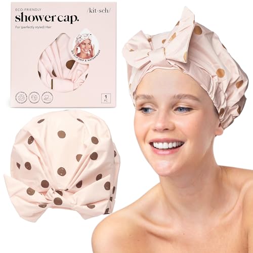 Kitsch Luxury Shower Caps for Women Reusable Waterproof - Large Shower Cap for Women, Non-slip, Quick-dry Hair Cap for Long and Short Hair, Comfortable and Stylish Design - Blush Dot - color: Blush Dot