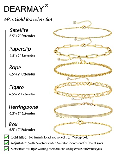 DEARMAY Sterling Silver Plated Bracelets Set for Women Waterproof, Non Tarnish Sterling Silver Link Chain Bracelets Pack Dainty, Fashion Jewelry Gifts for Everyday Comfortable - color: 6Pcs Gold Bracelet A