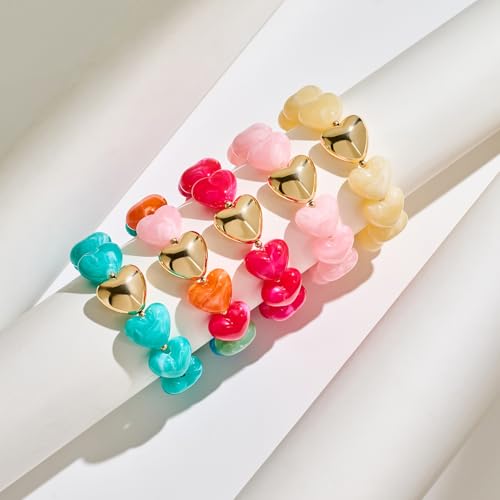 Multicolor Chunky Beaded Bracelet for Women Bold Acrylic Resin Stretch Bracelet Summer Beach Statement Bracelets Trendy Elastic Bangle Jewelry - color: Heart bracelet-blue
