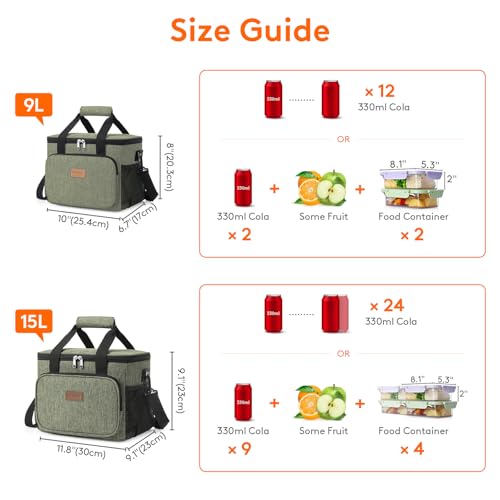 Lifewit Large Lunch Bag, Insulated Lunch Box, Soft Cooler Cooling Tote for Adult Men Women, Dark Green 24-Can (15L) - color: Dark Green, size: Large(15L)