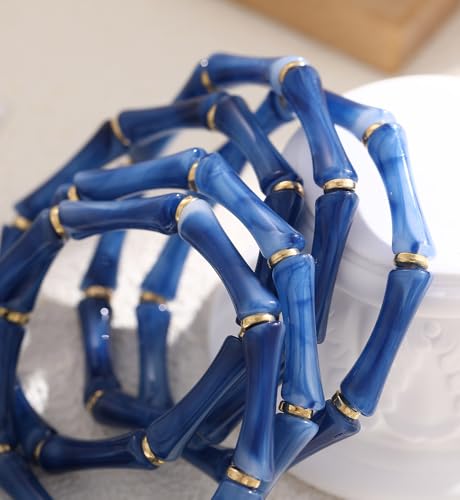 iF YOU 6pcs Chunky Acrylic Bangle Bracelets for Women, Resin Bamboo Brown Stretchy Bracelet Stack, Fashion Jewelry for Women - color: 5pcs-dark blue bracelets