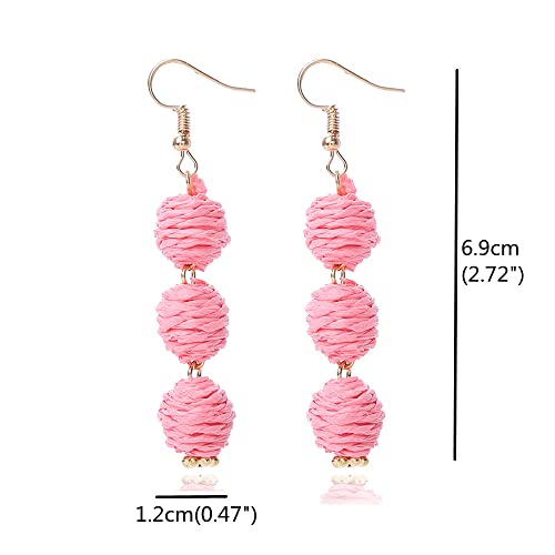 Lightweight Boho Thread Raffia Earrings for Women Handmade Braided Straw Wicker Lantern Ball Earrings Summer Beach Bohemian Geometric Earrings Holiday - color: pink