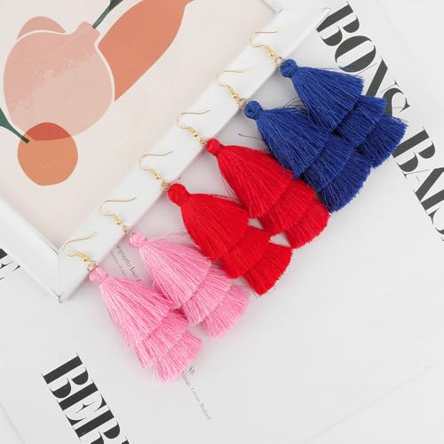 Earrings for Women Dangling, Layered Tassel Earrings Fringe Earrings Bohemian Studs Drop Earrings - color: Pink Red Blue