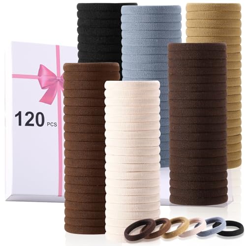 LuSeren 120 Pcs No Damage Hair Ties for Thick Hair, Large Soft Seamless Nylon Hair Elastics for Women, Ponytail Holders, Hair Accessories – Neutral Colors - color: Neutrals1