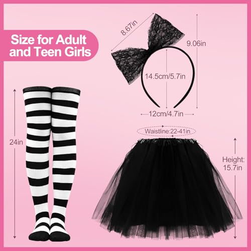 Women Tutu Costume Accessories Set, Striped Knee Socks Tutu Skirt Sunglasses and Bow Headband Colorful Party Favors - color: Black
