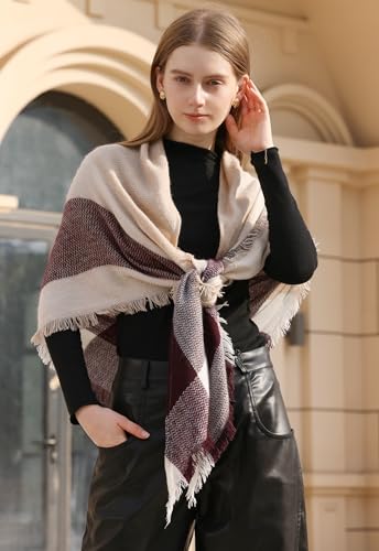 Wander Agio Womens Warm Long Shawl Winter Wraps Large Scarves Knit Cashmere Feel Plaid Triangle Scarf - color: Big Beige Khaki 22