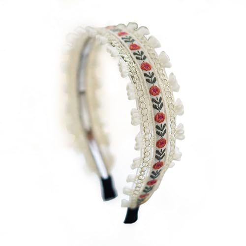 Bohemian Headband for Women-Floral Embroidered Headwrap with Lace Trim Vintage Cute Hair Band for Daily Boho Chic Style (8-Beige, One Size) - color: 8-Beige