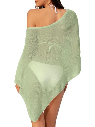 Off The Shoulder Sheer Crochet Vacation Outfits Poncho Sweater Top Summer Beach Cover Up - color: Light Green, size: 3X-Small
