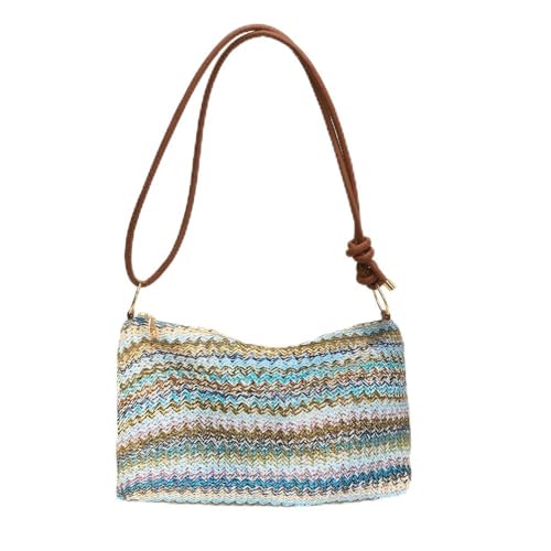 Women's Woven Beach Shoulder Handbag Colorful Straw Tote Bag Summer Vacation Crossbody Bag - color: 1343blue