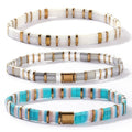 Tila Flat Square Stack Beaded Bracelets Set for Women Men, Boho 3Pcs Romantic Handmade Healing Gold Colorful Stretch Accessories Jewelry, Daily Vacation Party Holiday Friendship Gift - color: White Gray Blue