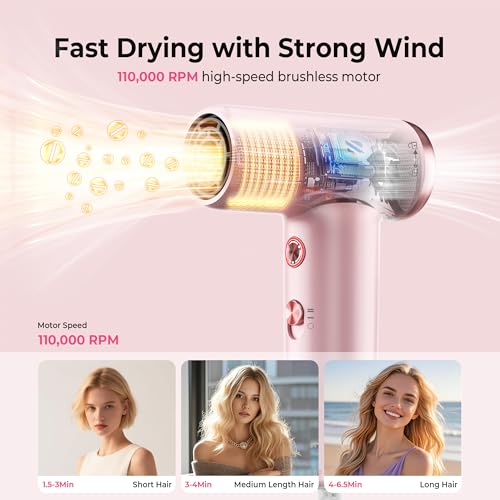 Mini Hair Dryer, 4-Temp High Speed Ionic Hair Dryer, 2-Speed Lightweight Portable Small Hair Drye, 110,000 RPM Hair Blow Dryer Travel Blow Dryer - color: Pink