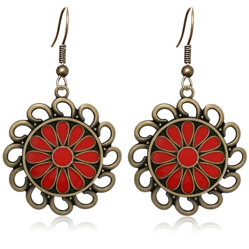 Bohemian Lightweight Vintage Copper Enamel Flower Hollow Dangle Drop Earrings Handmade Retro Circle Floral Hook Earrings For WomenJewelry Gifts - color: Red
