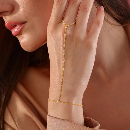 CHESKY 14k Gold Plated Hand Chain Bracelet for Women Trendy, Dainty Ring Bracelets Hand Chain Finger Nail Bracelet Simple Gold Hand Jewelry for Women Gifts - style: Wave