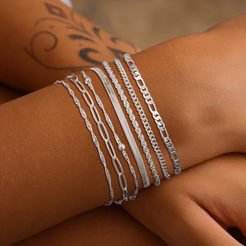 Tewiky Waterproof Gold Bracelets for Women Non Tarnish - Dainty Stack 14K Gold Plated/Sterling Silver Chain Bracelets Set Adjustable Trendy Jewelry for Women - style: Style F