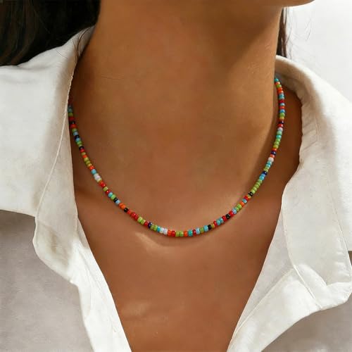 Tgirls Boho Choker Necklace Chain Rice Beaded Necklaces Seed Bead Necklace Accessory for Women - color: colorful 4