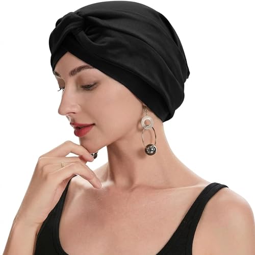 ZLYC Chemo Headwear for Women Pre Tied Turban Headwear Lightweight Beanie Hat - color: Knot Black