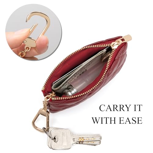 Quilted Faux Leather Coin Purse with Keychain - Small Coin Pouch Key Pouch Small Card Holder Keychain Wallet Change Purse for Women and Men (Wine Red) - color: Wine Red