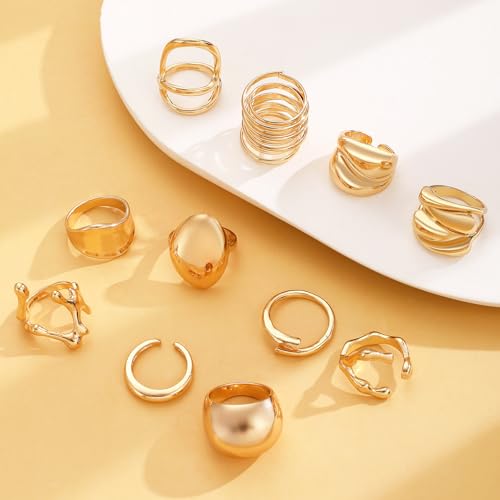 9-11PCS Gold Stackable Rings Set for Women - Gold Plated Adjustable Chunky Statement Rings for Daily Wear, Layering, Parties - style: 11PCS Gold