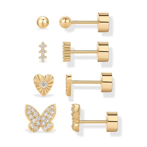 PAVOI 14K Gold Plated Dainty Flat Back Earrings for Women - Hypoallergenic Sterling Silver Posts Helix Cartilage Piercing Jewelry - Emoji Motif Bow Celestial Flatback Gold Stud Earrings Screw Back - style: Butterfly 4-Pair Set