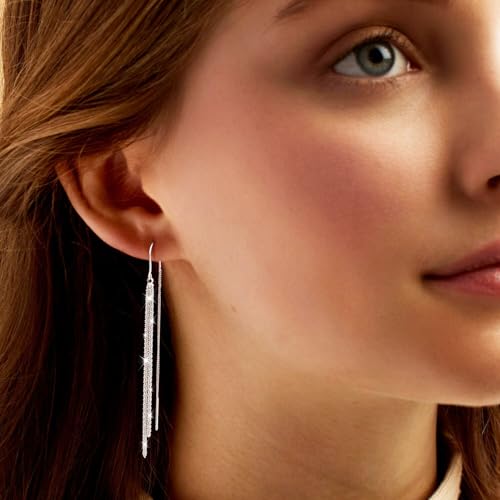 NECOCY Gold Dangle Earrings for Women Non Tarnish 14K Gold Plated Drop Wedding Hypallergenic Earring Dainty Long Hanging Chain CZ Pearl Threader Earrings Trendy Silver Plated Jewelry for Women - style: Silver&Style4