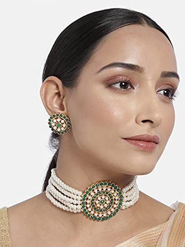 Aheli Pearl Diamond Choker Necklace & Round Earrings Gift for Women Indian Traditional Bollywood Fashion Bharatanatyam jewellery set - color: White & Green