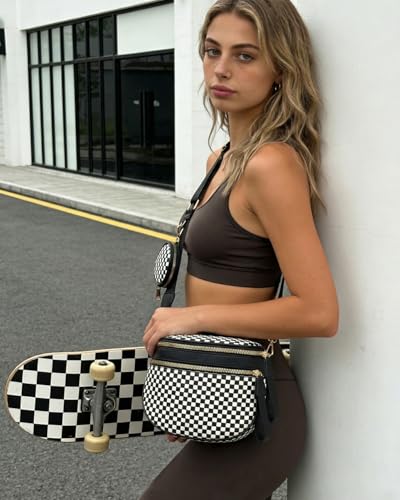 Valentoria Large Woven Leather Crossbody Bags for Women Checkered Bum Bag Sling Bag Purse Adjustable Strap Detachable Wallet | Woven - color: Black&white Checkered