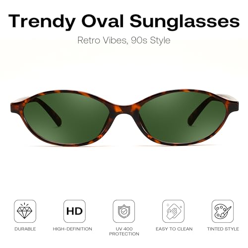 FEISEDY Retro Oval Sunglasses for Women Cat Eye 90s Lightweight Narrow Shades Trendy Sun Glasses B4196 - color: Tortoise/Green