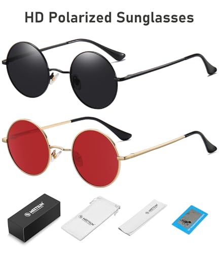 MEETSUN Small Round Polarized Sunglasses for Men Women Metal Retro Hippie Circle Sun Glasses Driving Festival Cosplay UV400 - color: Black / Grey + Gold / Red