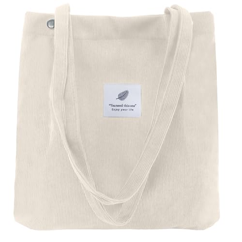 Corduroy Tote Bag for Women Small Canvas Shoulder Purse Cord Handy Bag with Inner Pocket | with Front Pocket - color: 02 Beige