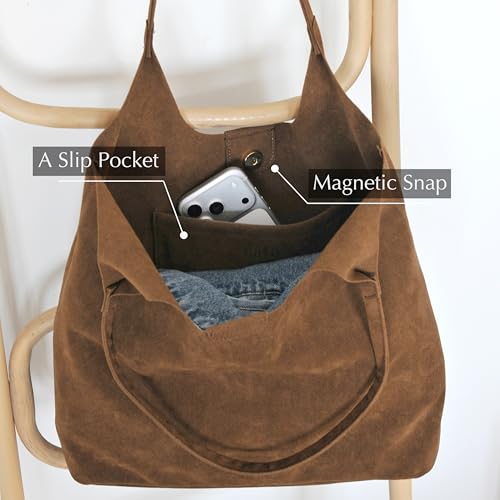 Soft Faux Suede Tote Bag for Women - Magnetic Closure Hobo Handbag, Casual Vegan Leather Purse - color: Brown