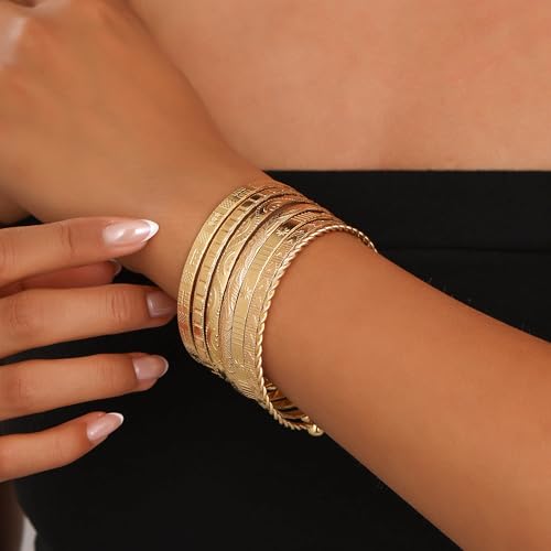 Gold Bangles for Women, 12 Pcs Boho Stackable Bracelets Multi Layer Textured Chunky Bracelets Jewelry Set for Women - color: 7 pcs gold bangles