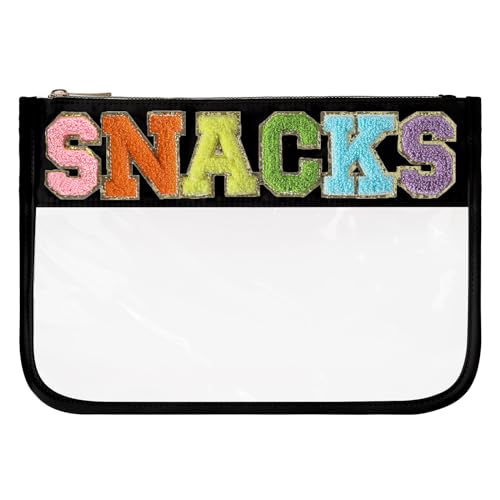 DYSHAYEN Chenille Letter Clear Zipper Pouch for Travel,Nylon Clear Cosmetic Bag,Makeup Travel Bag for Women Girls 11.8 Inches x 8.2 Inches - color: Black-Snacks