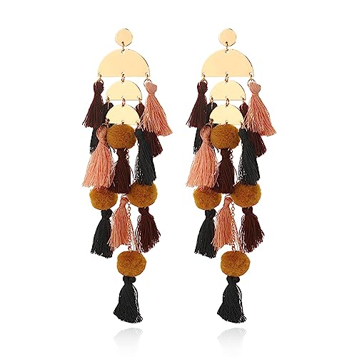 Long Tassel Earrings for Women Colorful Fringe Drop Dangle Earrings Bohemian Hawaiian Summer Beach Jewelry for Womens Vacation Outfits - color: Coffee