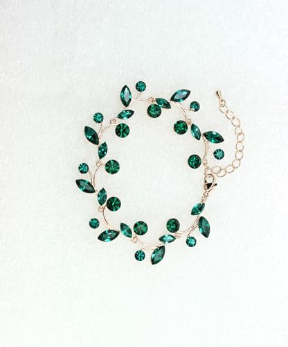 Faship Gorgeous Rhinestone Crystal Floral Necklace Earrings Set - color: Green / Rose gold plated / Matching Bracelet