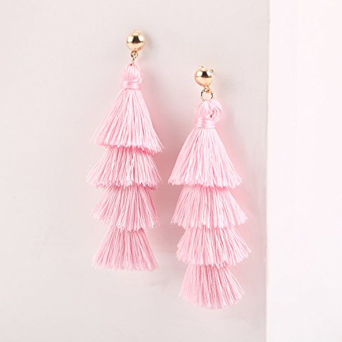 BaubleStar Tassel Earrings Handmade Tiered Thread Tassel Dangle Earrings, Multi Colors - color: Pink