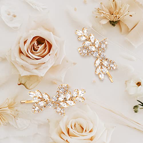 Waydress 4 Pcs Rhinestone Hair Clip Wedding Bridal Hair Barrette Decorative Leaf Crystal Side Hairpin Accessories for Women(Rhinestone Style,Gold) - color: Gold