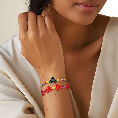 Rainbow Beaded String Braided Bracelets for Women, Summer Boho Handmade Adjustable Beach Waterproof Jewelry Gift - color: Black