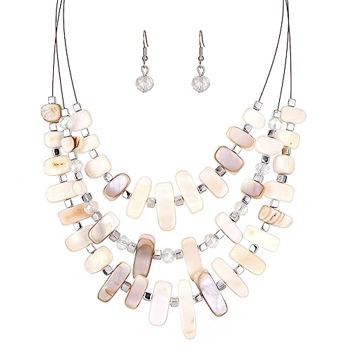 3 Layered Chunky Statement Necklace for Women Beaded Strand Necklaces with Earring Fashion Costumes Collar Necklace Jewelry Sets Gifts for Women - color: 50-White