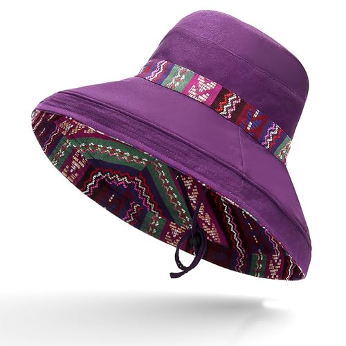 Wide Brim Sun Hat for Women Reversible Beach Hats Metal Wired Edge Gardening Hats, UPF 50+ Bucket Summer Hat - color: Purple Boho-style