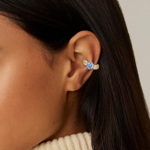 MEVECCO Ear Cuff Non Piercing for Women 18K Gold Plated Dainty Ear Cuff Earring Stacks Cartilage Clip On Wrap Huggie Minimalist Fake Piercings Open Hoops Jewelry Gifts - style: oval-blue