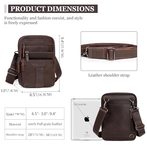 Leather Messenger Bag for Men, Small Leather Sling Shoulder Bag Messenger Pack for Men, Man Purse - color: Medium Dark Coffee