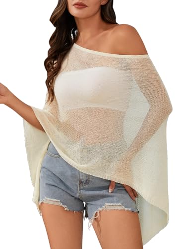 Off The Shoulder Sheer Crochet Vacation Outfits Poncho Sweater Top Summer Beach Cover Up - color: Beige, size: 4X-Large