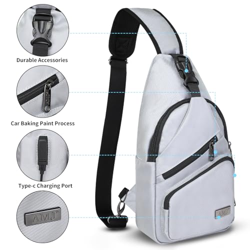 AMJ Crossbody Sling Bag Men Women, Casual Shoulder Backpack, Chest Daypack Satchel for Hiking Travel - color: White Gray, size: Large