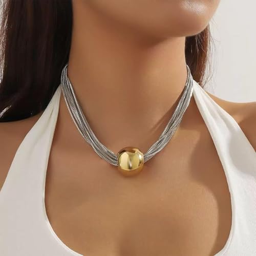 Chunky Chain Necklaces Women Statement Collar Necklace Gold Flat Snake Chain Choker Ribbed Design for Party, Dress Jewelry Gifts - color: B1:Gold Silver Necklace
