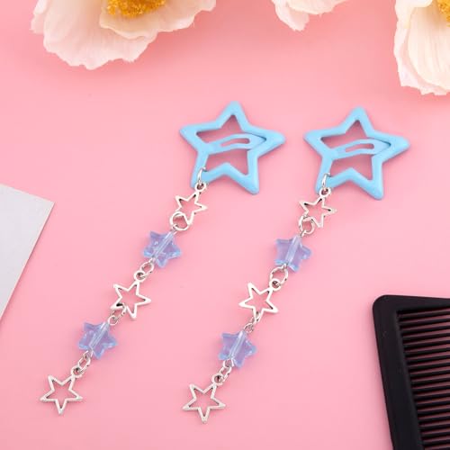 Pndeyo 2pcs Star Tassels Hair Clips for Women, Non-Slip 2000s Y2K Hair Snap Barrettes, Cute Star Beaded Pendant Hair Pin Accessories for Braid Long Short Thin Thick Hair- Blue - color: Blue