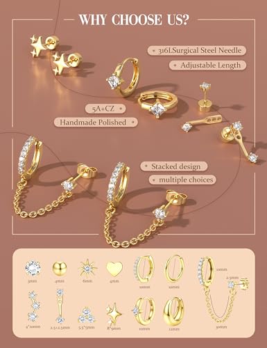 Florideco Flat Back Earrings Hypoallergenic Surgical Steel Earrings for Women Trendy Cartilage Chain Earring 14K Gold Plated Star Heart CZ Flatback Stud Earring Sets for Multiple Piercing - color: Gold