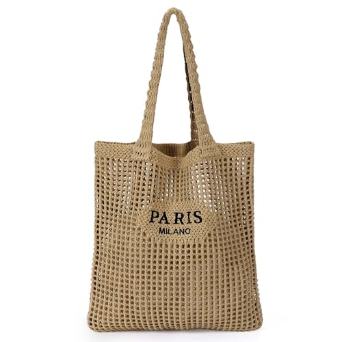 Ayieyill Crochet Tote Bag For Women, Crochet Mesh Beach Tote Bag Summer Vacation Aesthetic Boho Knit Bag for Women - color: G/Brown