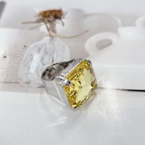 Square Large Rhinestone Exaggerated Statement Ring for Women Sparkling Thick Chunky Geometric Big Crystal Stone Finger Knuckle Band Rings Open Adjustable Wedding Brides Cocktail Prom Party Jewelry - color: Yellow