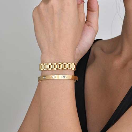 MPRAINBOW 2pcs 18K Gold Plated Chain Link Bracelet, Stainless Steel Crystal Friendship Bracelets Bangle,Watch Band Chains Wristband Jewelry with Adjust Tool - color: Gold Set - I